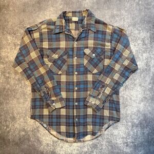 True Vintage OshKosh B'Gosh 70s Sportswear Plaid Flannel Shirt Blue Mens Medium